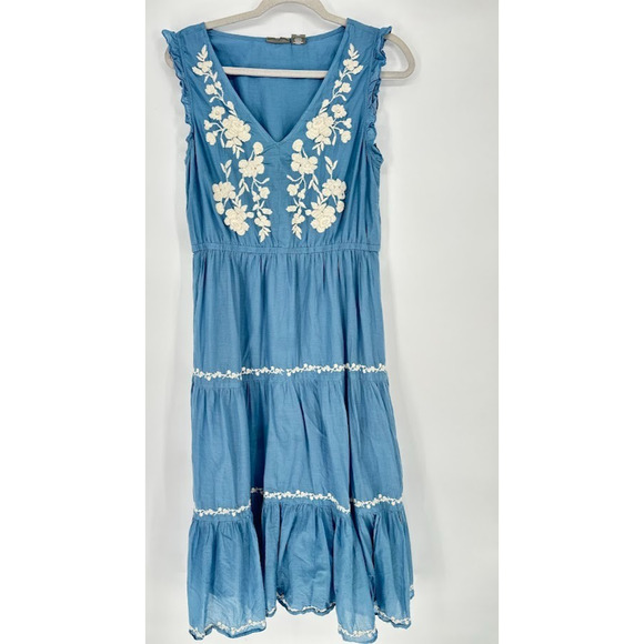 Lucky Brand Dress Sz M Blue Midi Floral Embroidered Tiered Ruffle Peasant Boho - Picture 1 of 8
